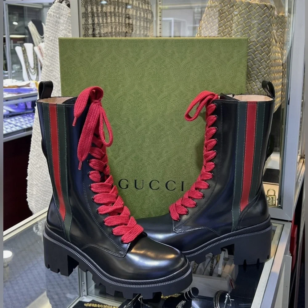 New GUCCI Black Leather Sylvie Web Stripe Lace Up Combat Boots Size 36.5 - Picture 1 of 13